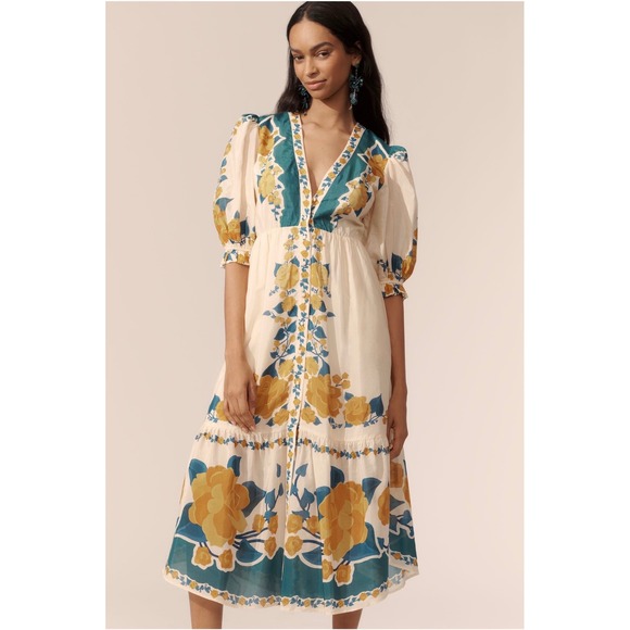 FARM Rio Dresses & Skirts - FARM Rio Anthropologie Floral Midi Dress XL Button Front Puff Sleeve Viscose